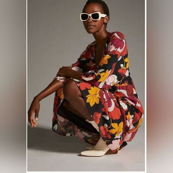 Anthropologie Maeve Deep-V Ruched Midi Dress Size 12 - Picture 4 of 14